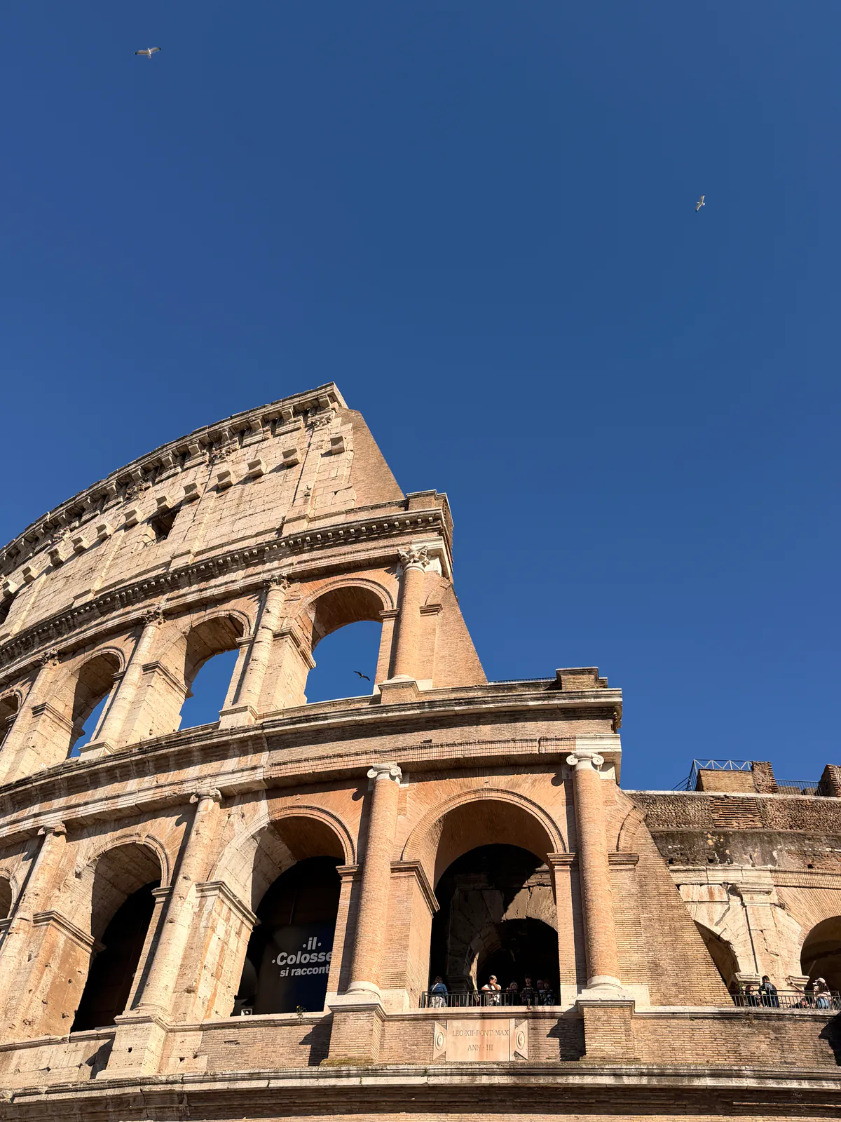 Looking up at the brick seating tiers and arches inside the Colosseum