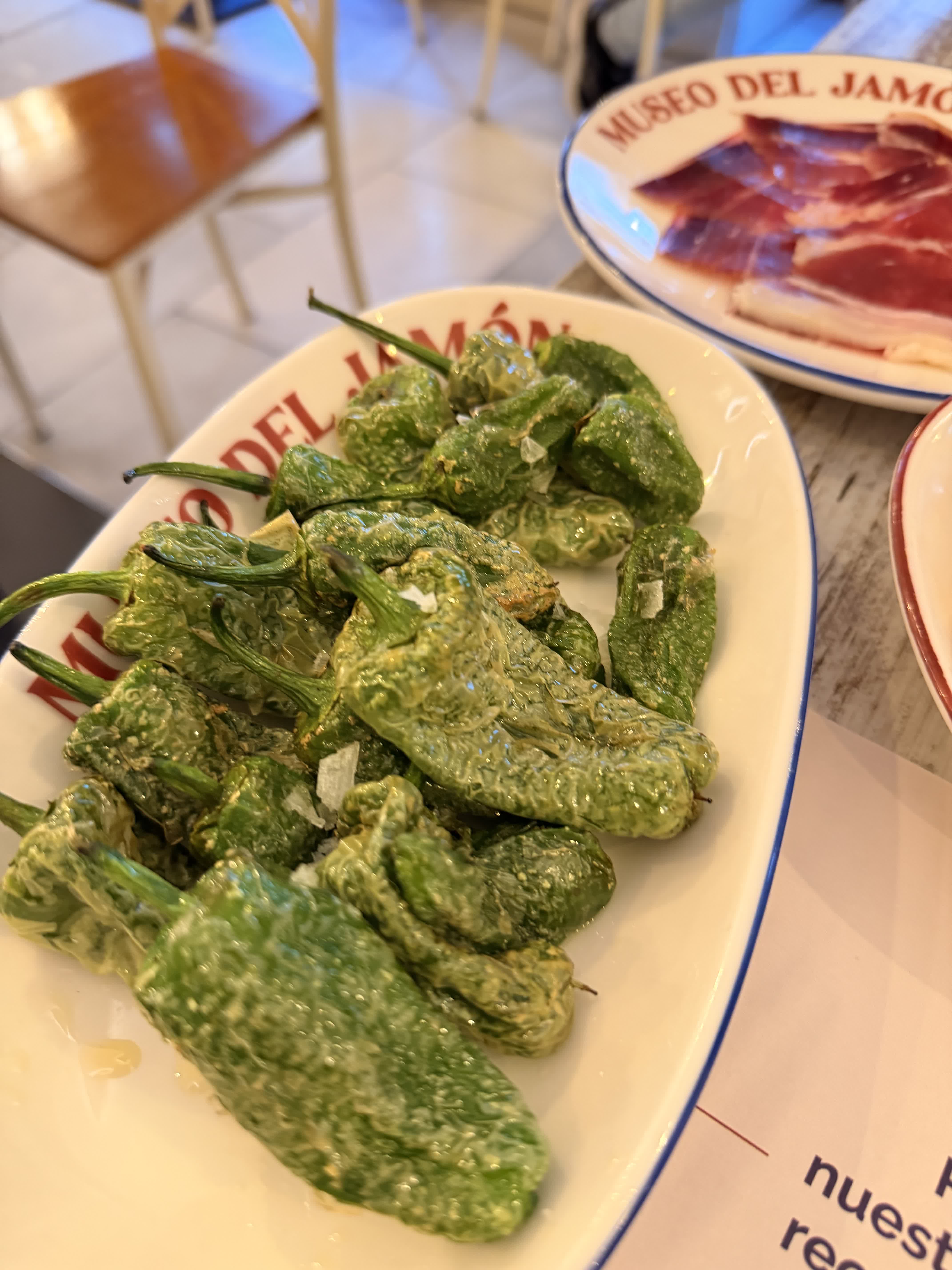 Blistered green peppers with flaky salt at Museo del Jamon in Madrid