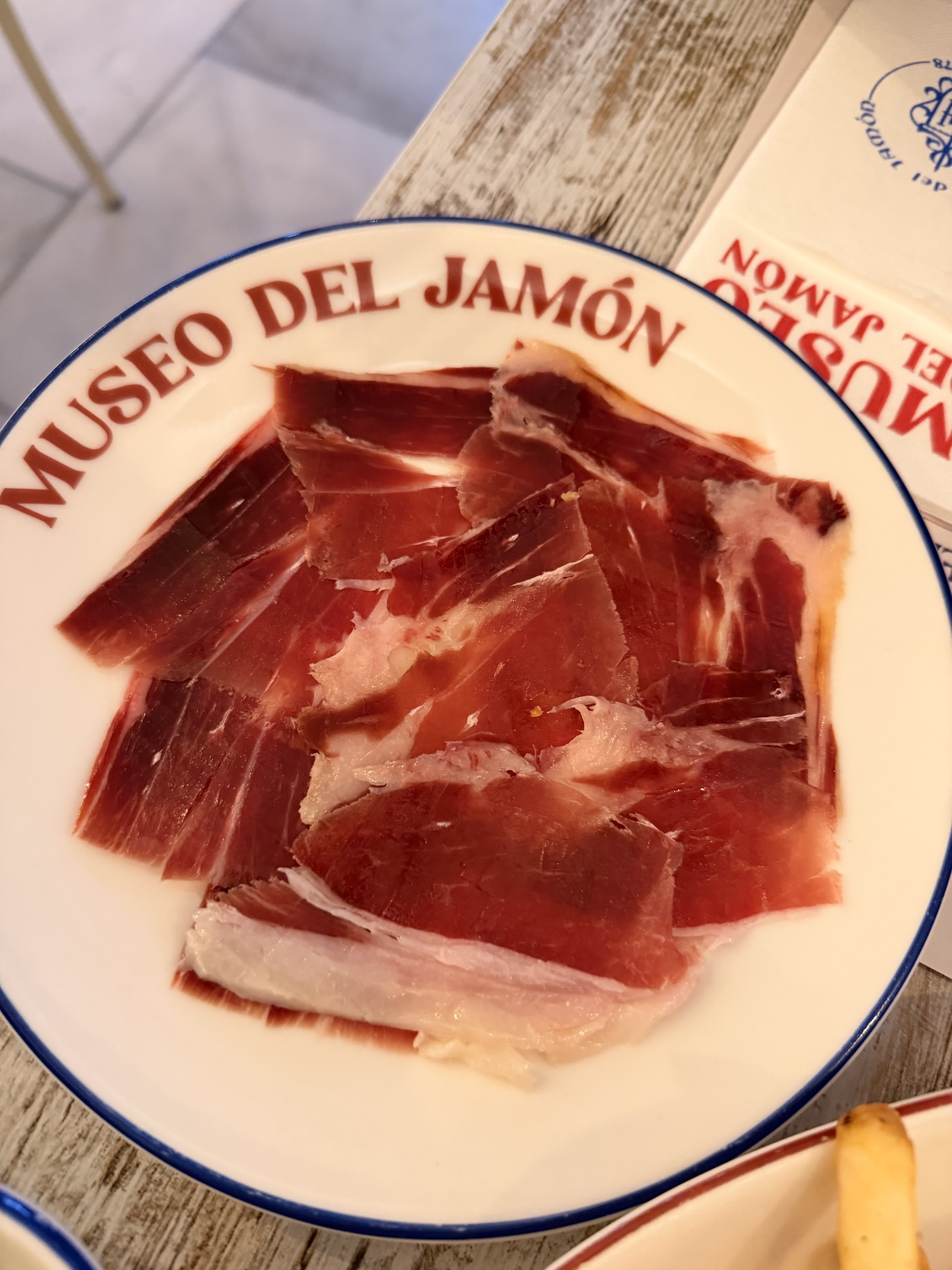 A plate of sliced Iberico ham at Museo del Jamon in Madrid