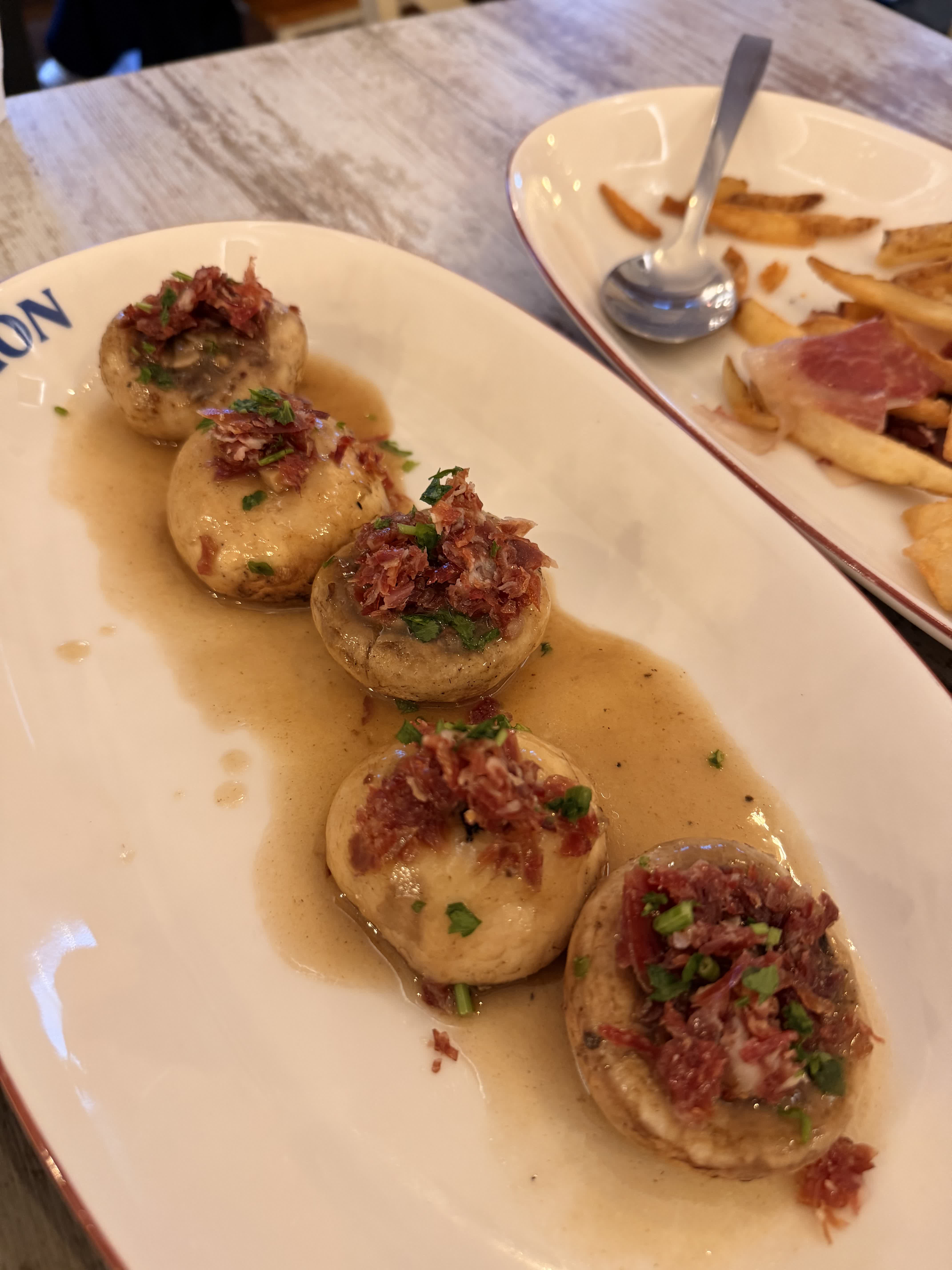 Mushrooms stuffed with chopped Iberico ham at Museo del Jamon Madrid